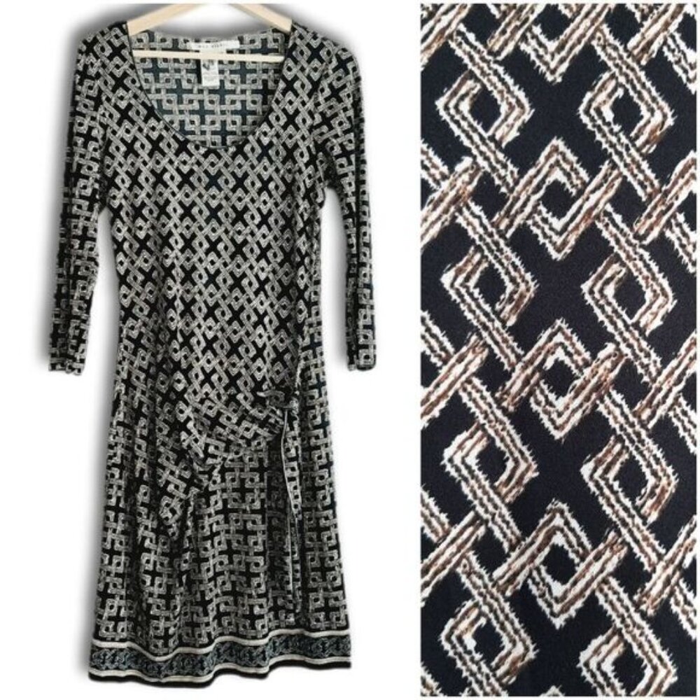 MAX STUDIO Stretch Knee Length Midi Dress Scoop Neck Geometric Tan Black Sz M